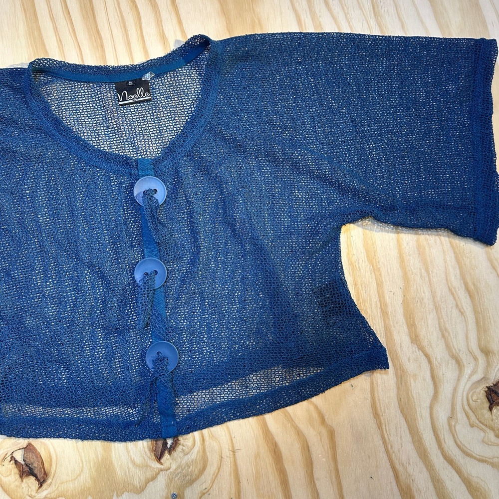Noelle Womens Blue Mesh Cropped Cardigan Shrug One Size Button Up Knit